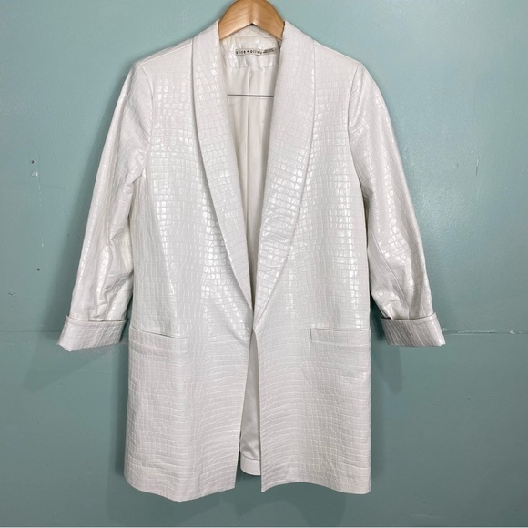 Alice & Olivia Croc Embossed Faux Leather Blazer White Sz L Oversized Open Front - Picture 1 of 13